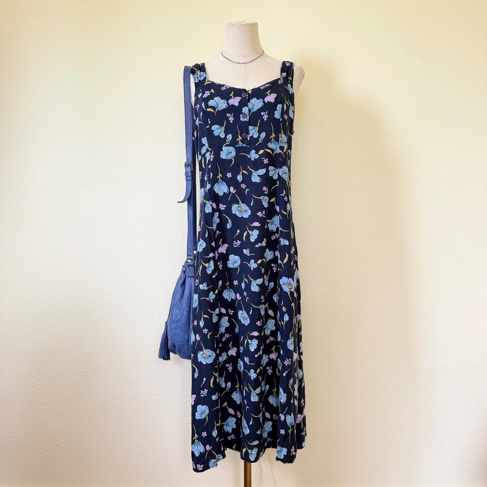 Girly Grunge Vintage 90s Floral Rayon Tea Length Dress Blue Purple Made in USA